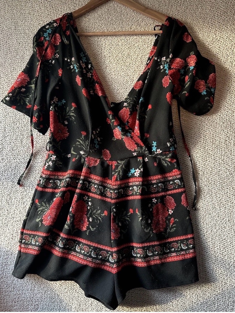 Francesca's Collections Black Romper with Red Floral Print